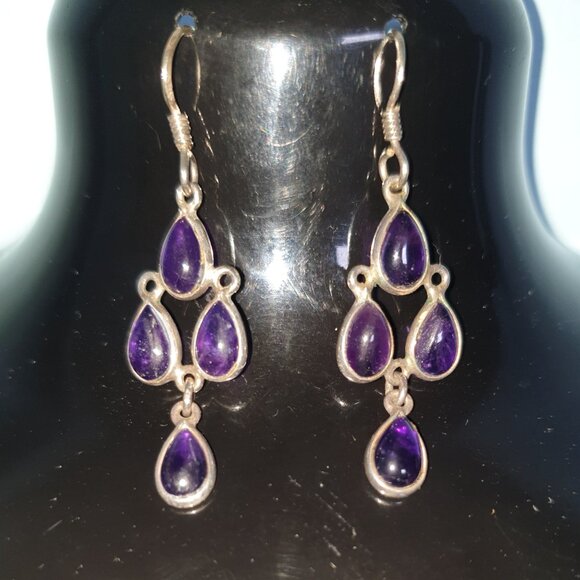 Gorgeous Vintage Victorian 8ct Natural Amethyst Cabochon Chandelier Earrings - Picture 6 of 11